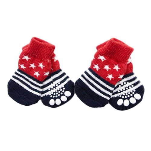 4 Pcs Red Stars Cute Puppy Cat Socks Knitted Pet Socks Dog Paw Protection for Puppy Indoor Wear